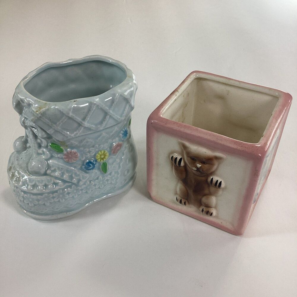 Vintage Napco Japan Baby Planter Vase Lot Ceramic Boot Block